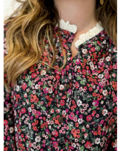 Blouse fleurs col montant