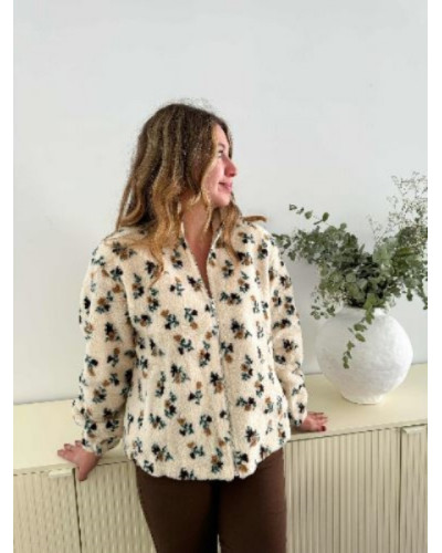 Veste fourrure fleurs beige et vert moutarde - Must Have du confort de l'hiver