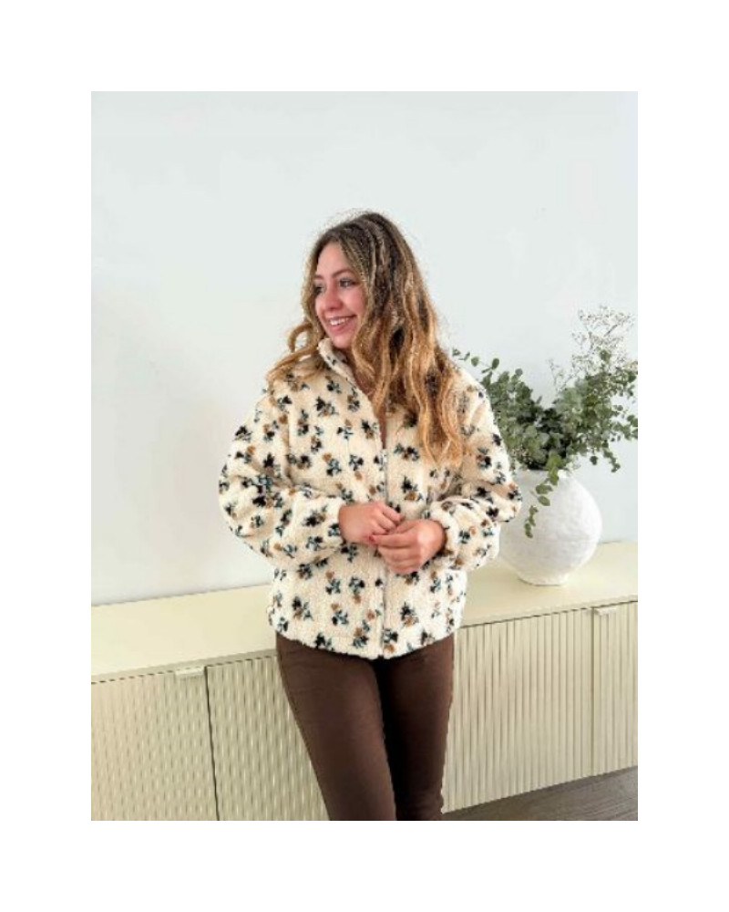 Veste fourrure fleurs beige et vert moutarde - Must Have du confort de l'hiver