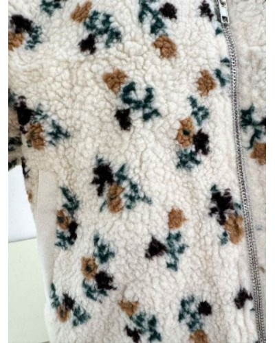 Veste fourrure fleurs beige et vert moutarde - Must Have du confort de l'hiver