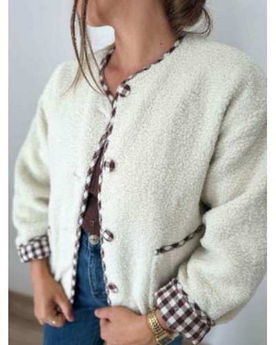 Veste reversible vichy bouclette beige écru - Pratique et 2 en 1 !