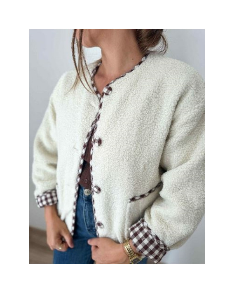 Veste reversible vichy bouclette beige écru - Pratique et 2 en 1 !