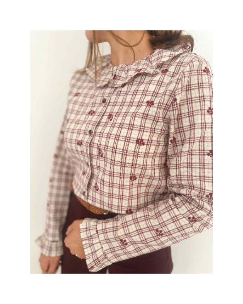 Chemisier à carreaux bordeau - Broderie petites fleurs tendances