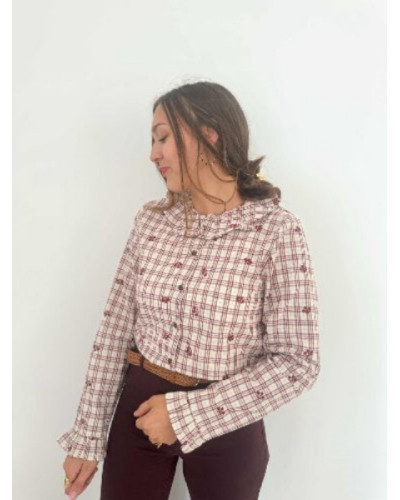 Chemisier à carreaux bordeau - Broderie petites fleurs tendances