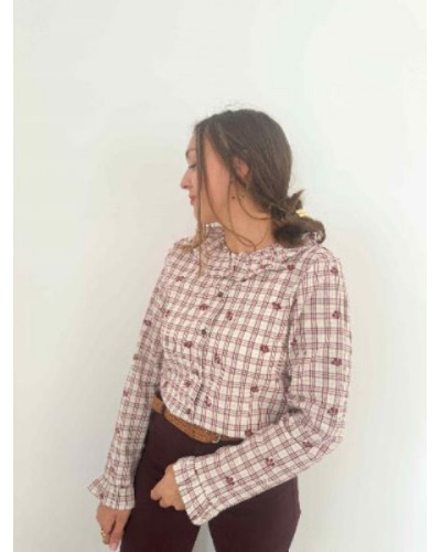 Chemisier à carreaux bordeau - Broderie petites fleurs tendances