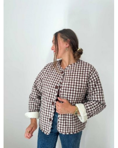 Veste reversible vichy bouclette beige écru - Pratique et 2 en 1 !