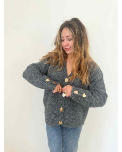 Pull gris boutons coeurs dorés - Tendance et stylé