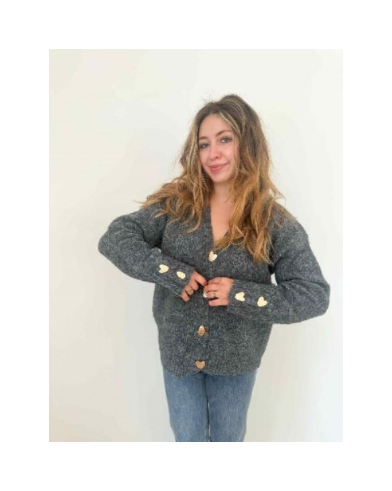 Pull gris boutons coeurs dorés - Tendance et stylé