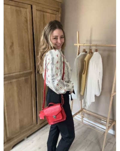 Chemise fluide noir et rouge – Motif fleurs & rayures