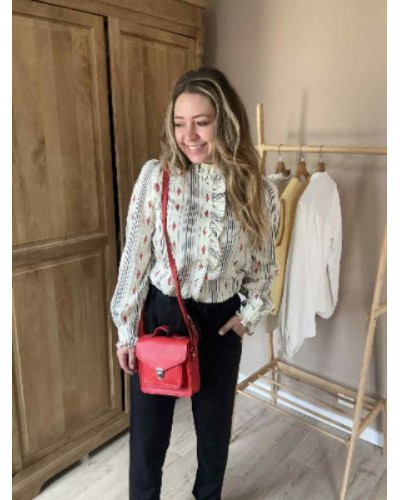 Chemise fluide noir et rouge – Motif fleurs & rayures
