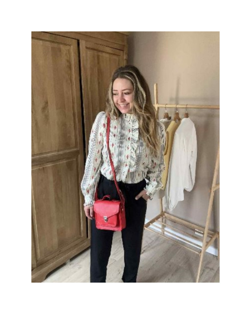 Chemise fluide noir et rouge – Motif fleurs & rayures