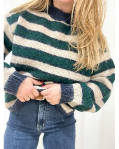 Pull rayures vert et gris - L'intemporel pièce à motifs