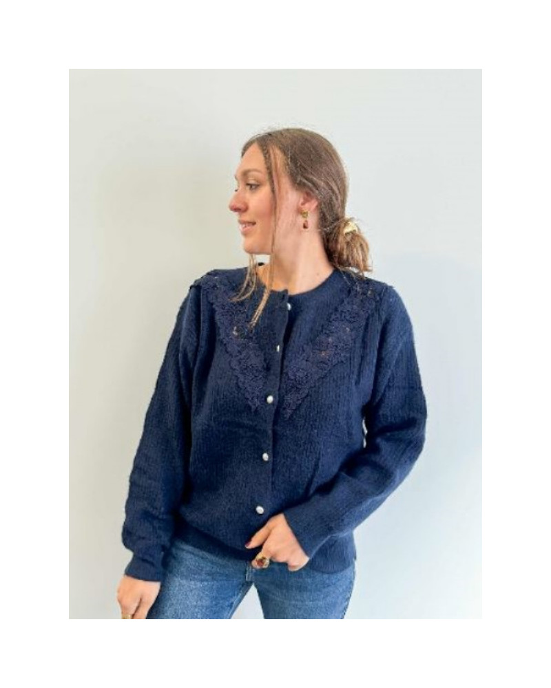 gilet maille bleu marine dentelle