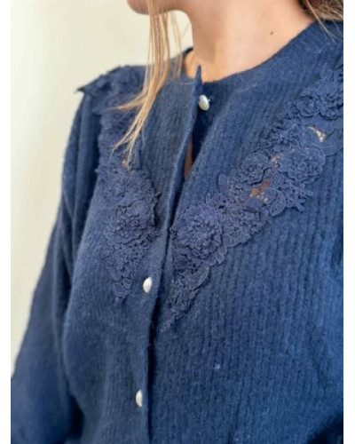 gilet maille bleu marine dentelle