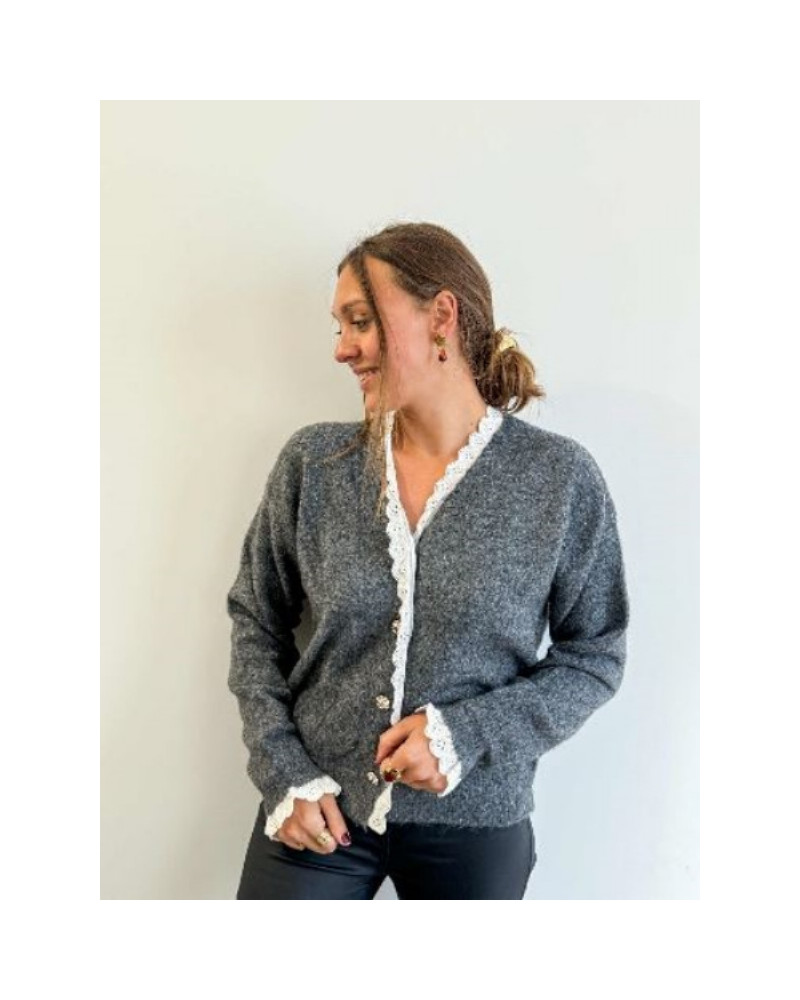 gilet maille gris dentelle 
