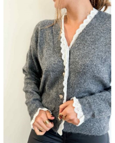 gilet maille gris dentelle 