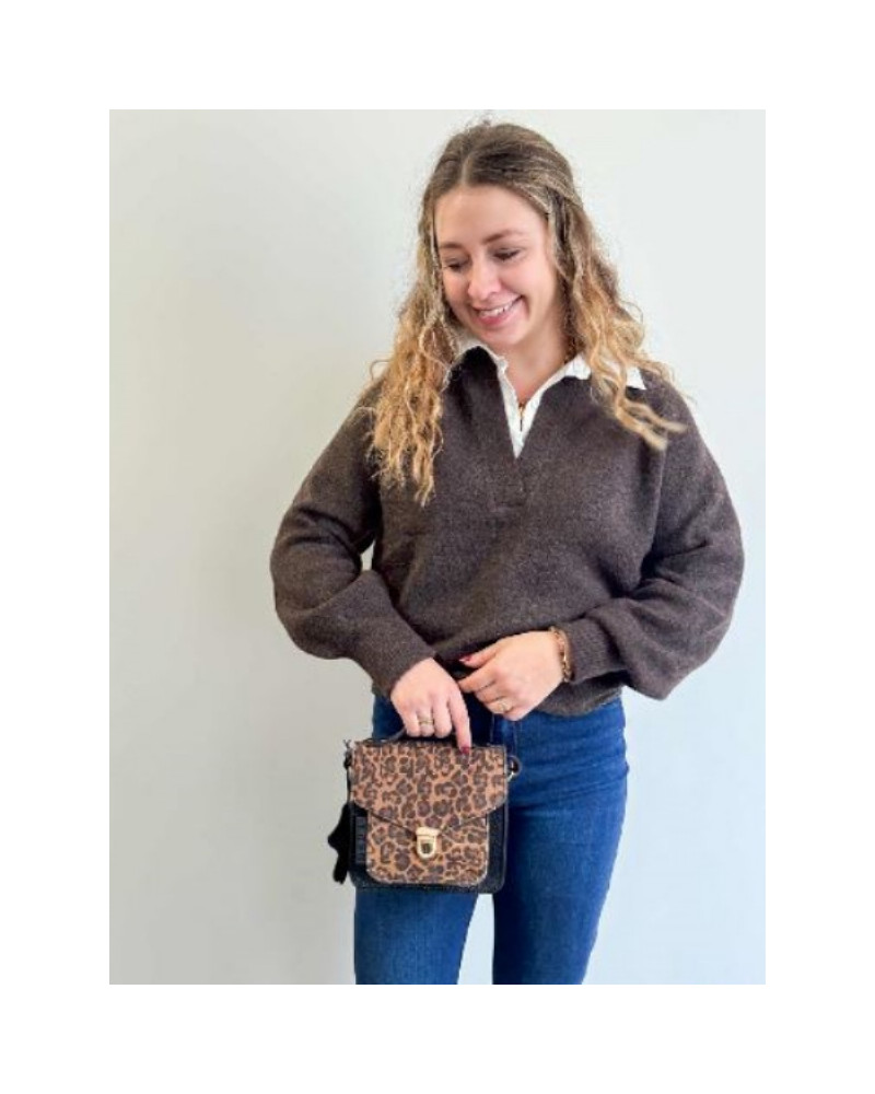 Pull chocolat col chemise blanc