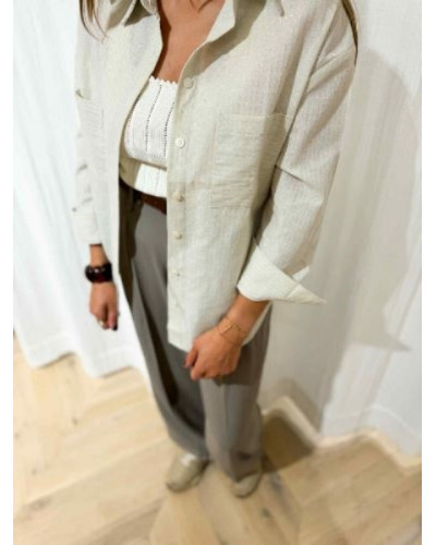 Chemise en Lin Coton Beige avec Lignes Argentées – Look Décontracté et Bohème