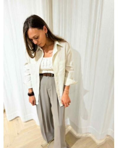 Chemise en Lin Coton Beige avec Lignes Argentées – Look Décontracté et Bohème