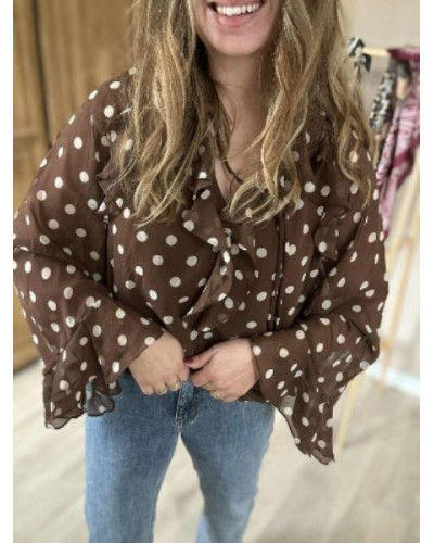 Blouse Fluide à Pois Marron et Beige – Élégance Légère et Intemporelle