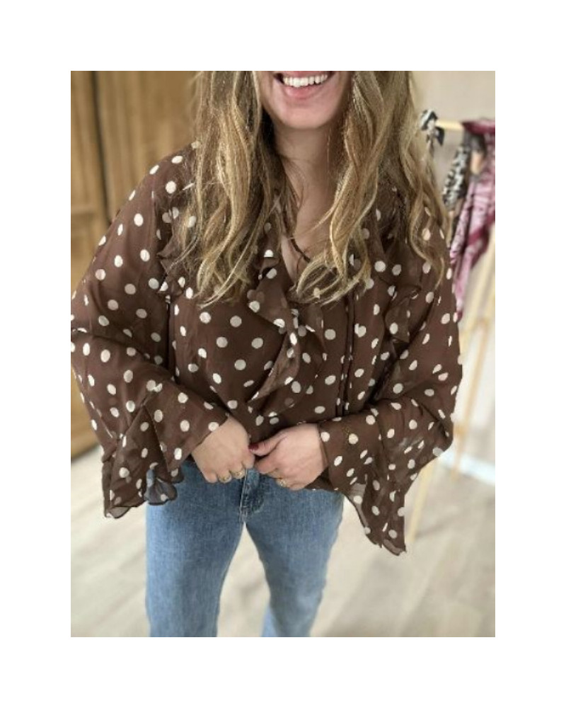Blouse Fluide à Pois Marron et Beige – Élégance Légère et Intemporelle