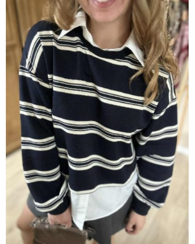 Pull Rayé Bleu Marine & Blanc avec Col Chemise – Chic et Casual Pull Rayé Bleu Marine & Blanc avec Col Chemise – Chic et Casual