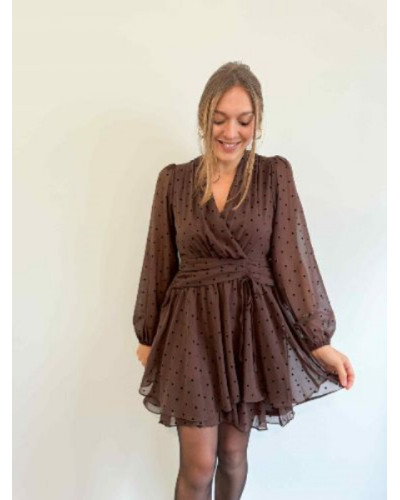 Robe Marron à Pois Noirs – Coupe Cintrée, Manches Longues