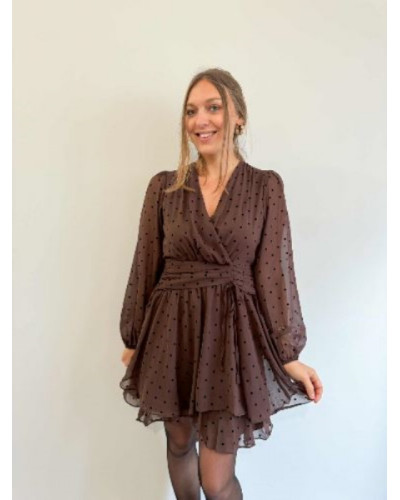 Robe Marron à Pois Noirs – Coupe Cintrée, Manches Longues