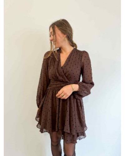 Robe Marron à Pois Noirs – Coupe Cintrée, Manches Longues