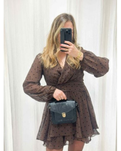 Robe Marron à Pois Noirs – Coupe Cintrée, Manches Longues