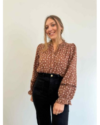 Blouse en gaze de coton marron à imprimé fleuri – Élégance naturelle et confort absolu