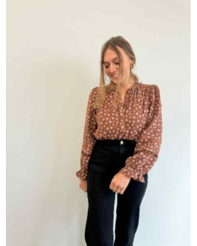 Blouse en gaze de coton marron à imprimé fleuri – Élégance naturelle et confort absolu