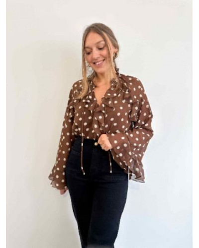 Blouse Fluide à Pois Marron et Beige – Élégance Légère et Intemporelle