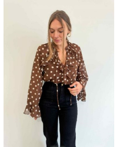 Blouse Fluide à Pois Marron et Beige – Élégance Légère et Intemporelle
