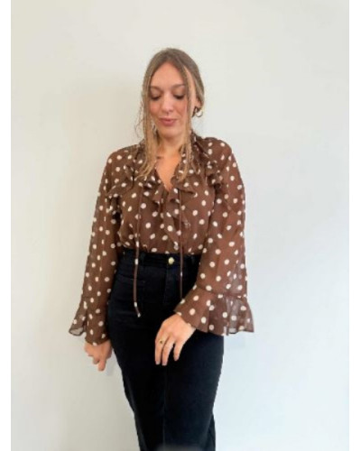 Blouse Fluide à Pois Marron et Beige – Élégance Légère et Intemporelle