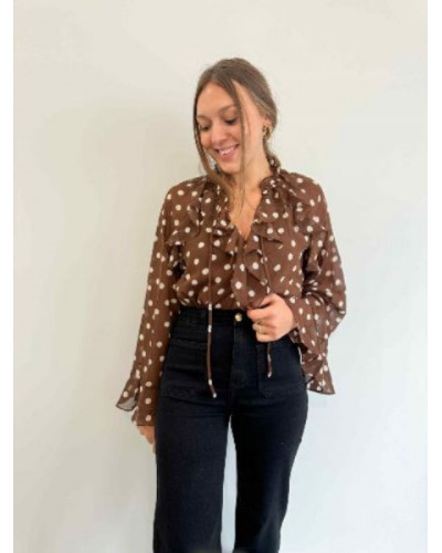 Blouse Fluide à Pois Marron et Beige – Élégance Légère et Intemporelle