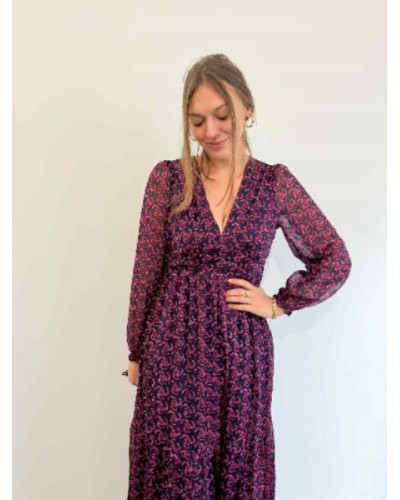 Robe longue fluide noire à imprimé rose fuchsia – Élégance et féminité vibrante