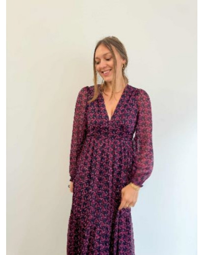 Robe longue fluide noire à imprimé rose fuchsia – Élégance et féminité vibrante