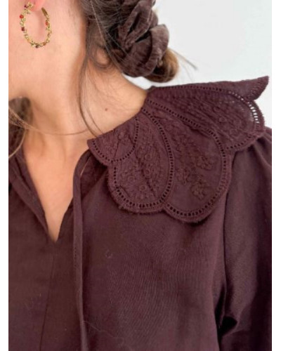 Blouse col claudine dentelle - Marron