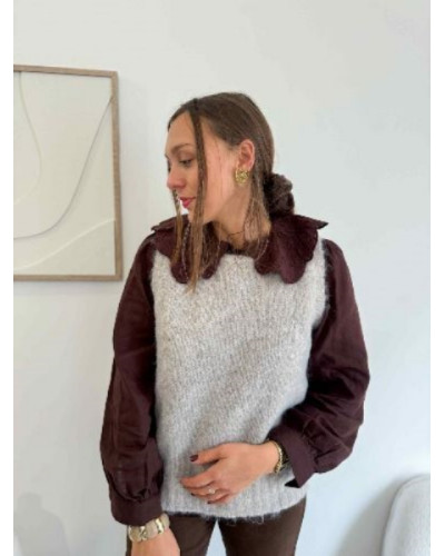 Blouse col claudine dentelle - Marron