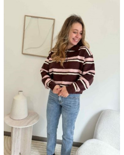 Pull polo à rayures rose pastel sur fond marron – Style chic et moderne