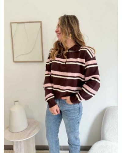 Pull polo rayures roses