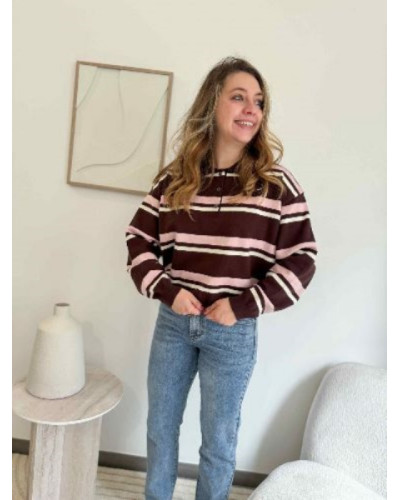 Pull polo rayures roses