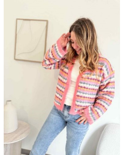 Gilet tricolore femme rose écru gris orangé – chaud et tendance