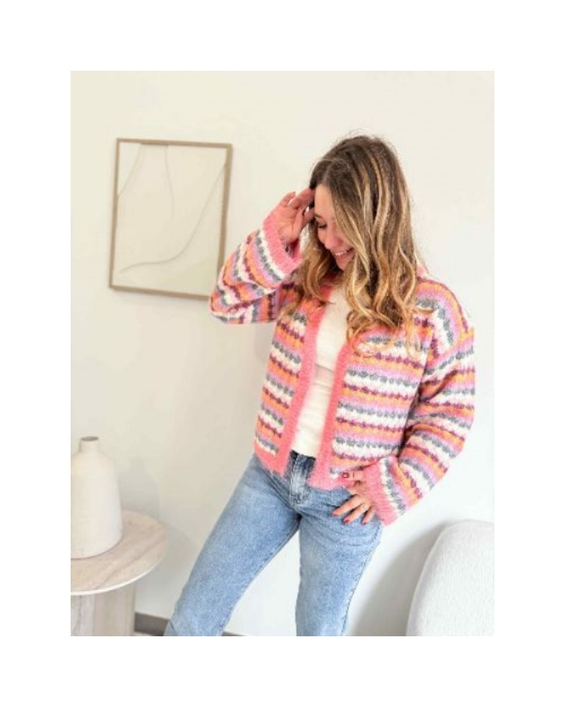 Gilet tricolore femme rose écru gris orangé – chaud et tendance