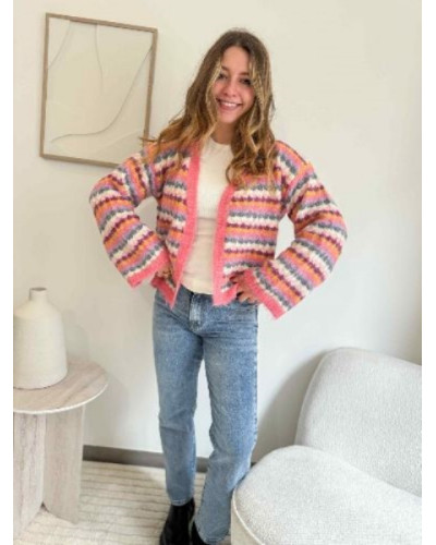 Gilet tricolore femme rose écru gris orangé – chaud et tendance