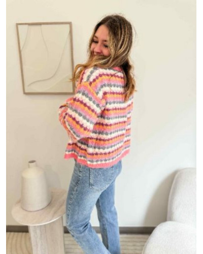 Gilet tricolore femme rose écru gris orangé – chaud et tendance