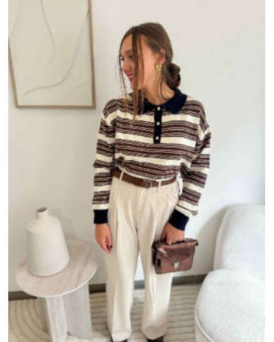 Pantalon fluide  écru habillé femme taille haute avec ceinture marron