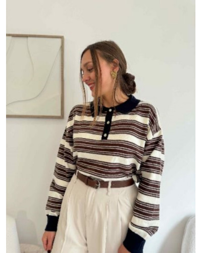 Pantalon fluide  écru habillé femme taille haute avec ceinture marron