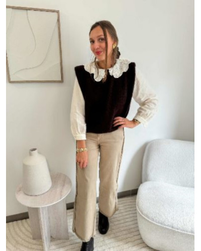 Blouse fluide à col Claudine en dentelle – Élégance féminine et légère